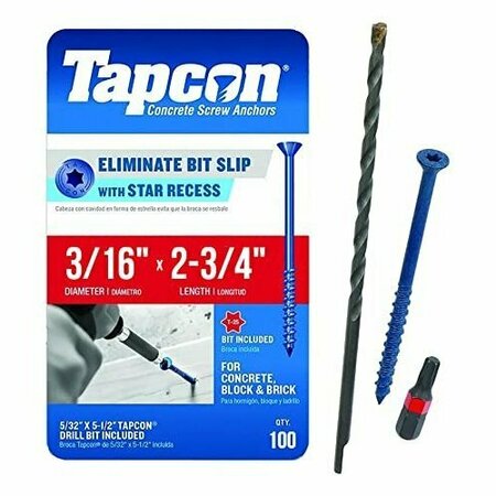 TAPCON 3/16-inch x 2-3/4-inch Climaseal Blue Flat Head T25  Concrete Screw Anchors w/Drill Bit, 100PK 3140T25